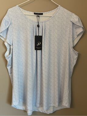 Adrianna Papell Blue & White Printed Blouse XL | Petal Sleeve Top NWT